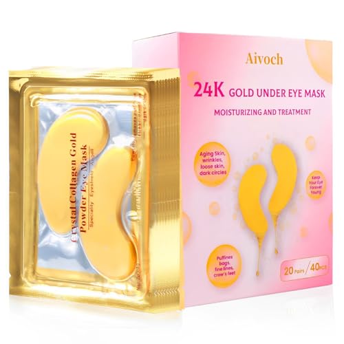 Aivoch 20Pairs/40Pcs 24K Gold Eye Patches, Collagen Eye Masks for Dark Circles and Eye Bags, Smooth Wrinkles & Puffy Eyes, Moisturizing Eye Skin, Skincare Eye Treatment, Beauty & Personal Care