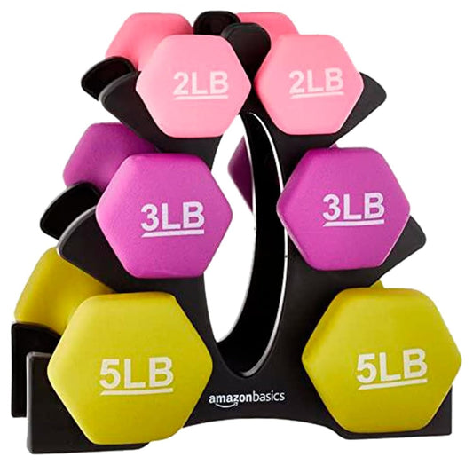 Amazon Basics Neoprene Dumbbell Hand Weights, Rack with 3 Pairs (2, 3, and 5 pound), Pink/Purple/Green