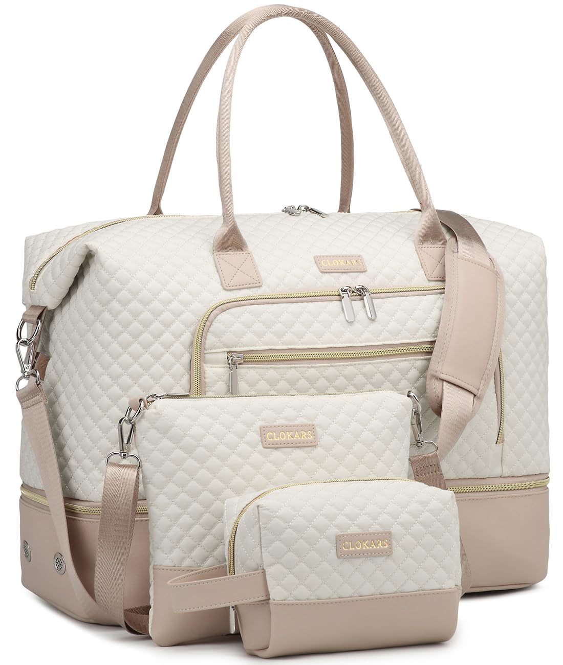 Weekender Bags for Women, Travel Tote Duffle Bag Carry On Overnight Bag with Cosmetics Bag and Crossbody Purse for Gym Hospital, Gifts for Women, Beige Brown