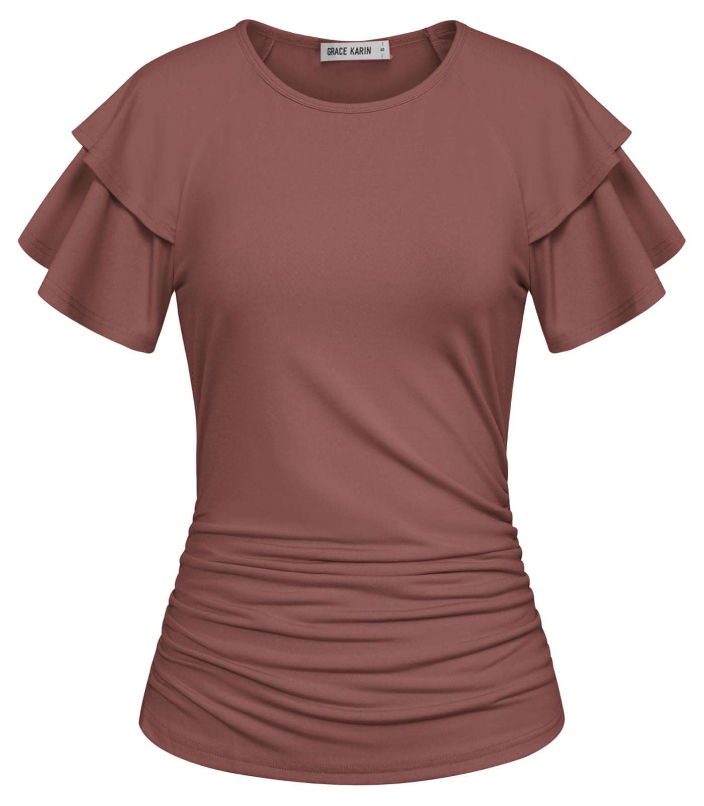 GRACE KARIN Women Tops Dressy Casual Ruffle Sleeve Blouses | Crew Neck Ruched Shirts, Business Work Outfits, 2026 Summer Fashion Clothing