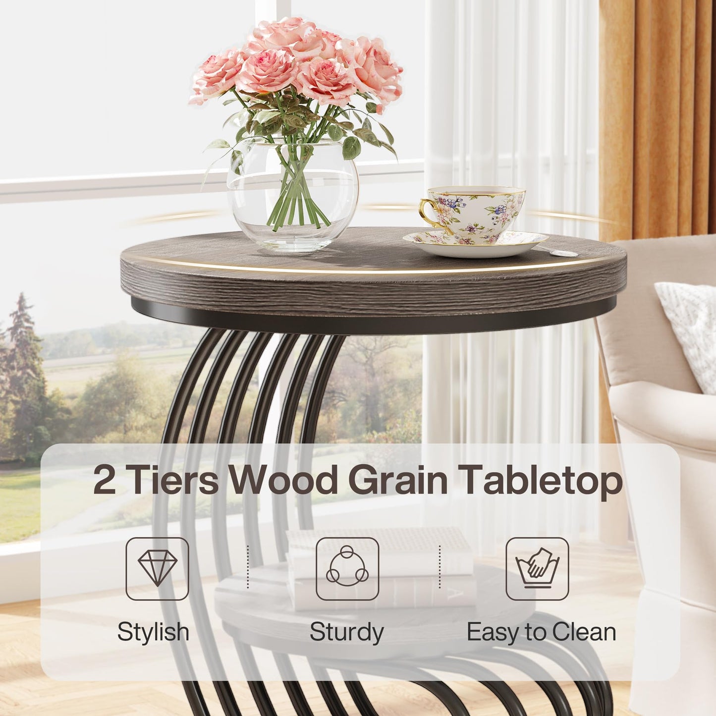 Tribesigns Round End Side Table: Side Table with 2 Tiers Storage Shelves, Vintage End Table for Living Room, Small Bedside Table Accent Table with Arc-Shaped Frame, Light Brown