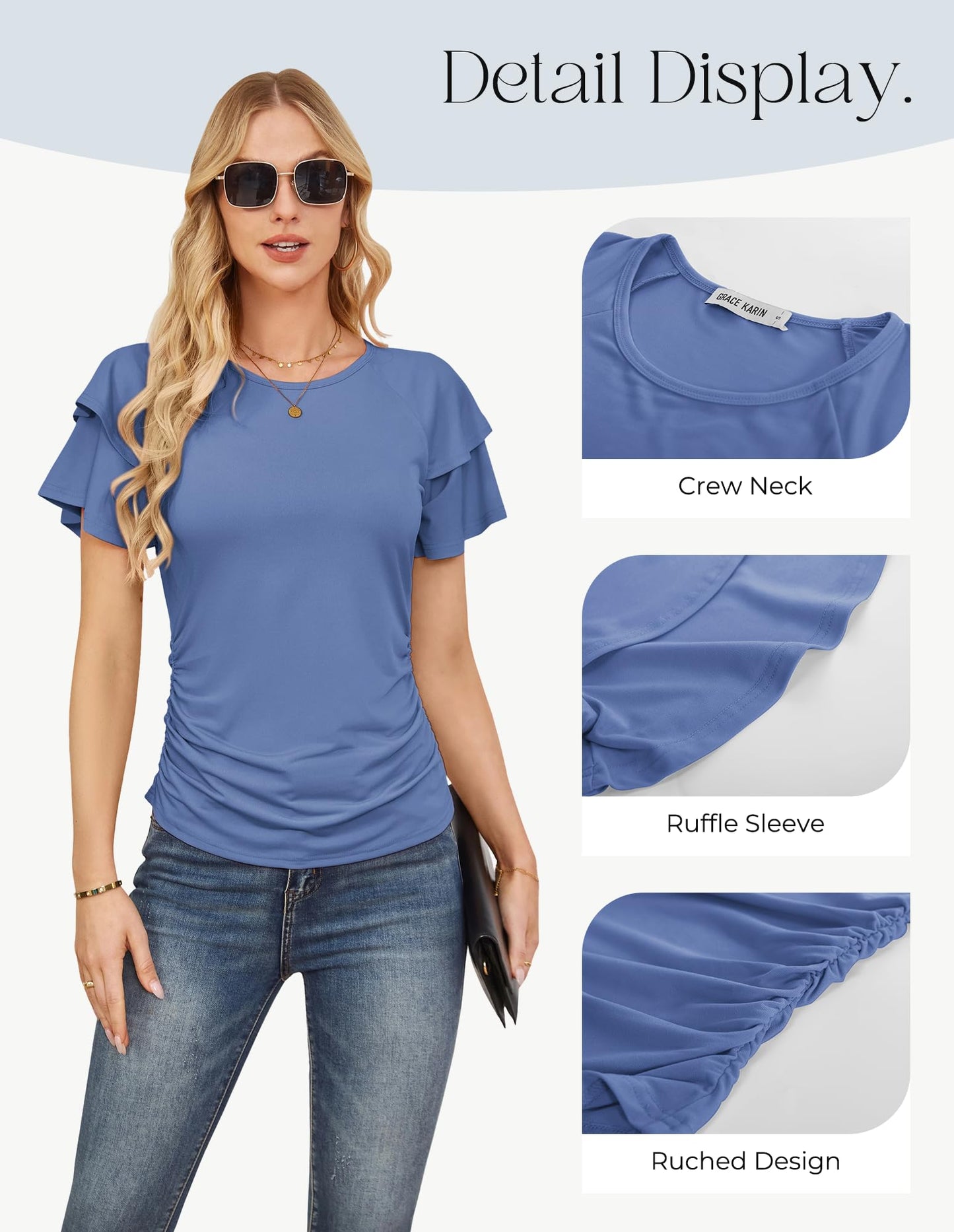 GRACE KARIN Women Tops Dressy Casual Ruffle Sleeve Blouses | Crew Neck Ruched Shirts, Business Work Outfits, 2026 Summer Fashion Clothing