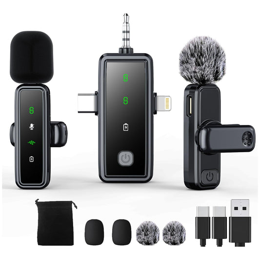 3 in 1 Wireless Lavalier Microphones for iPhone/Android/Camera, 2 Pack Mini Microphone LED Display Lapel Omnidirectional Mic with Mute/Reverb/Noise Reduction for TikTok/Podcast/Vlog Recording
