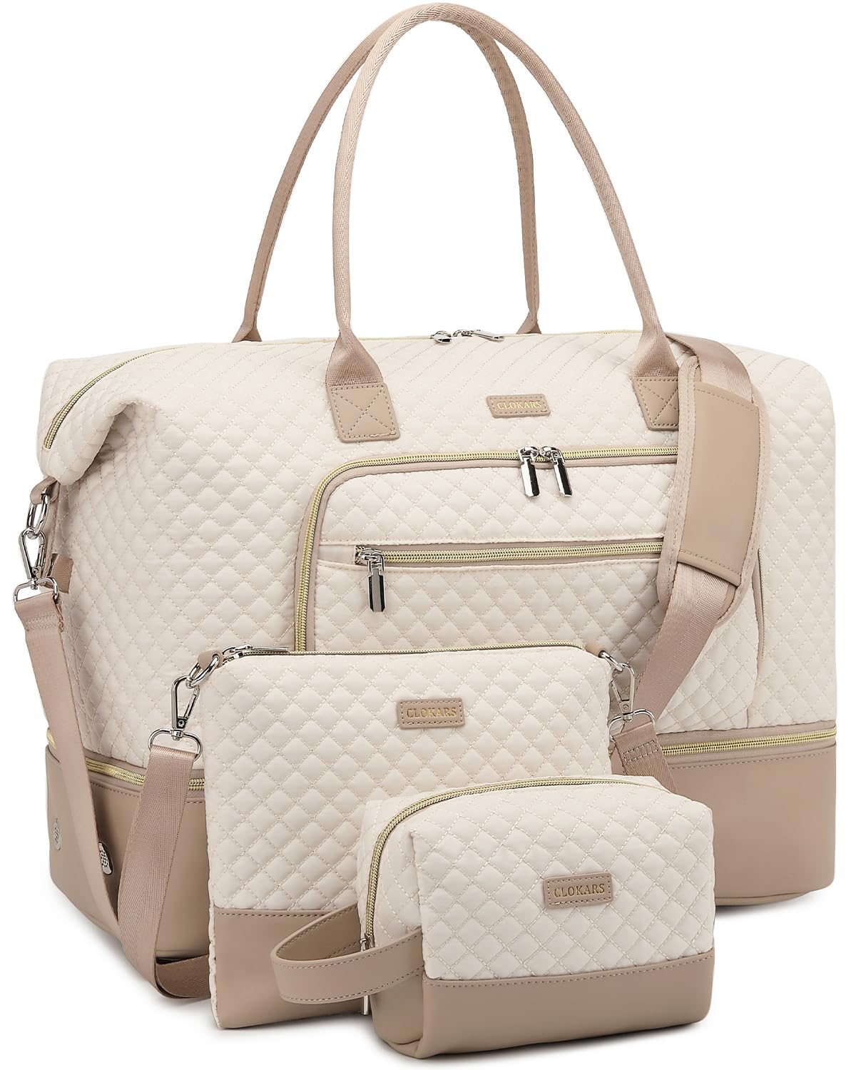 Weekender Bags for Women, Travel Tote Duffle Bag Carry On Overnight Bag with Cosmetics Bag and Crossbody Purse for Gym Hospital, Gifts for Women, Beige Brown