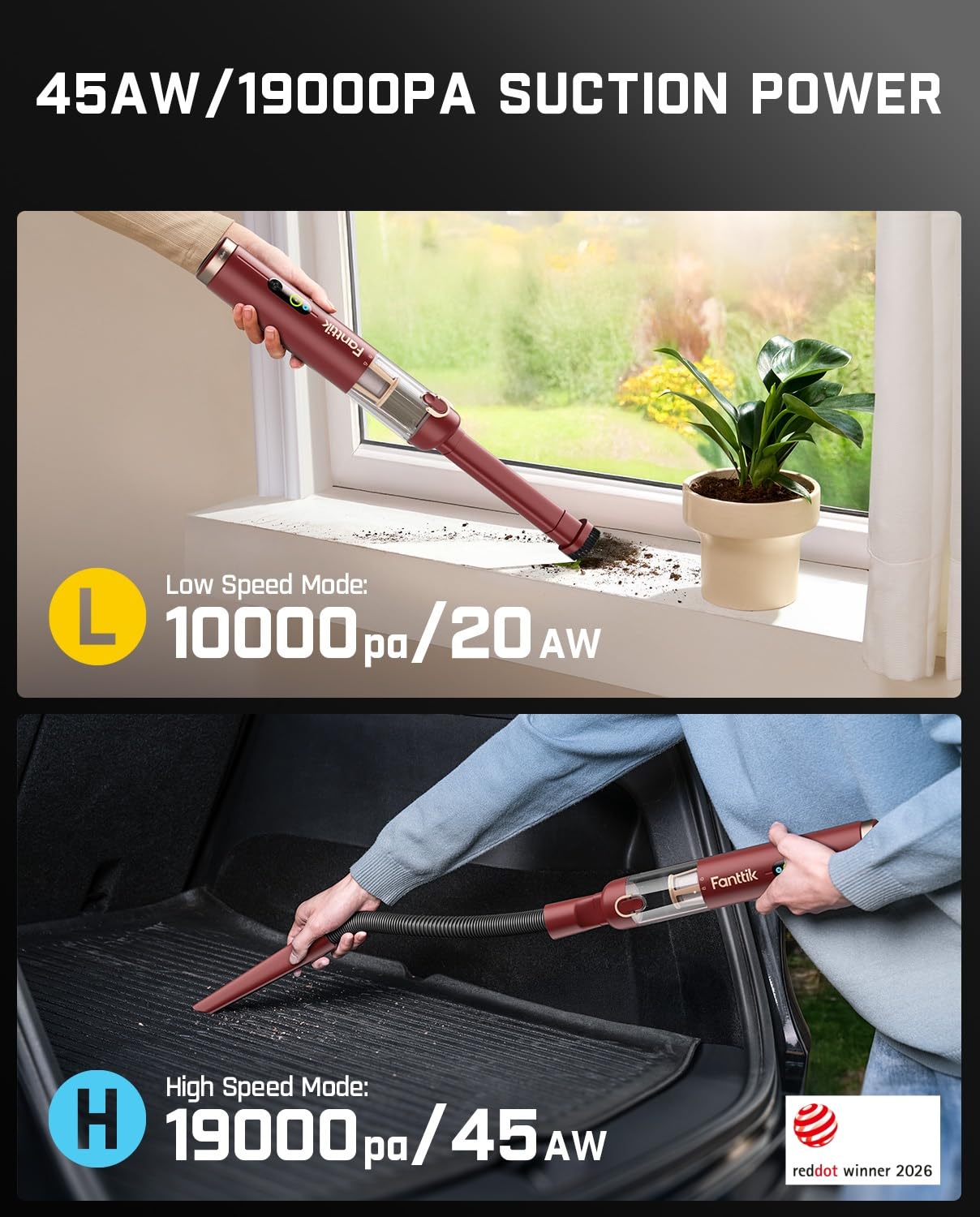 Fanttik Slim V10 APEX Cordless Car Vacuum, 4-in-1 Portable Mini Handheld Vac, 19kPa Suction Power, Upgraded Smart Digital Display, 2 Suction Modes for Small Jobs, Car, Office Desk, Keyboards (Black)