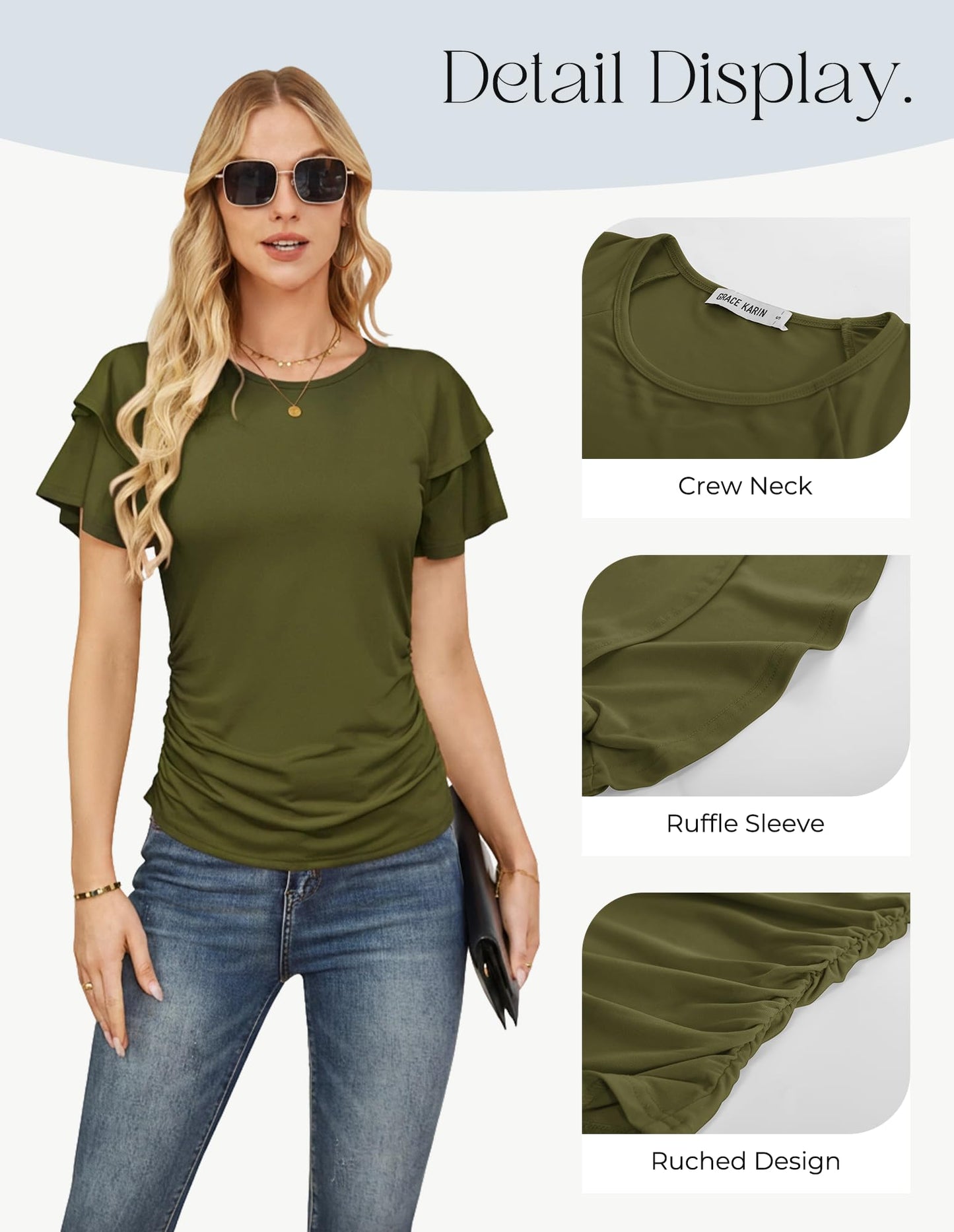 GRACE KARIN Women Tops Dressy Casual Ruffle Sleeve Blouses | Crew Neck Ruched Shirts, Business Work Outfits, 2026 Summer Fashion Clothing