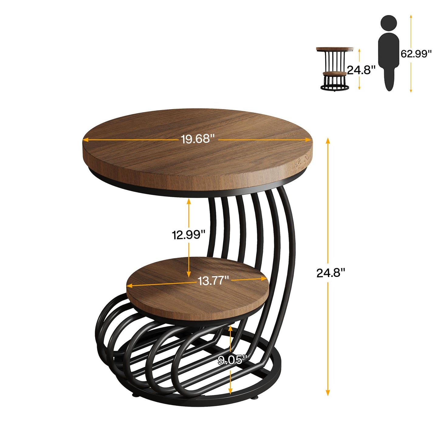 Tribesigns Round End Side Table: Side Table with 2 Tiers Storage Shelves, Vintage End Table for Living Room, Small Bedside Table Accent Table with Arc-Shaped Frame, Light Brown