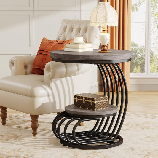 Tribesigns Round End Side Table: Side Table with 2 Tiers Storage Shelves, Vintage End Table for Living Room, Small Bedside Table Accent Table with Arc-Shaped Frame, Light Brown