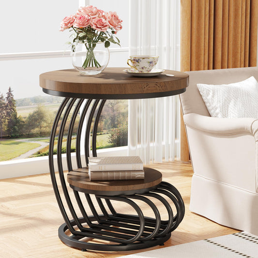 Tribesigns Round End Side Table: Side Table with 2 Tiers Storage Shelves, Vintage End Table for Living Room, Small Bedside Table Accent Table with Arc-Shaped Frame, Light Brown
