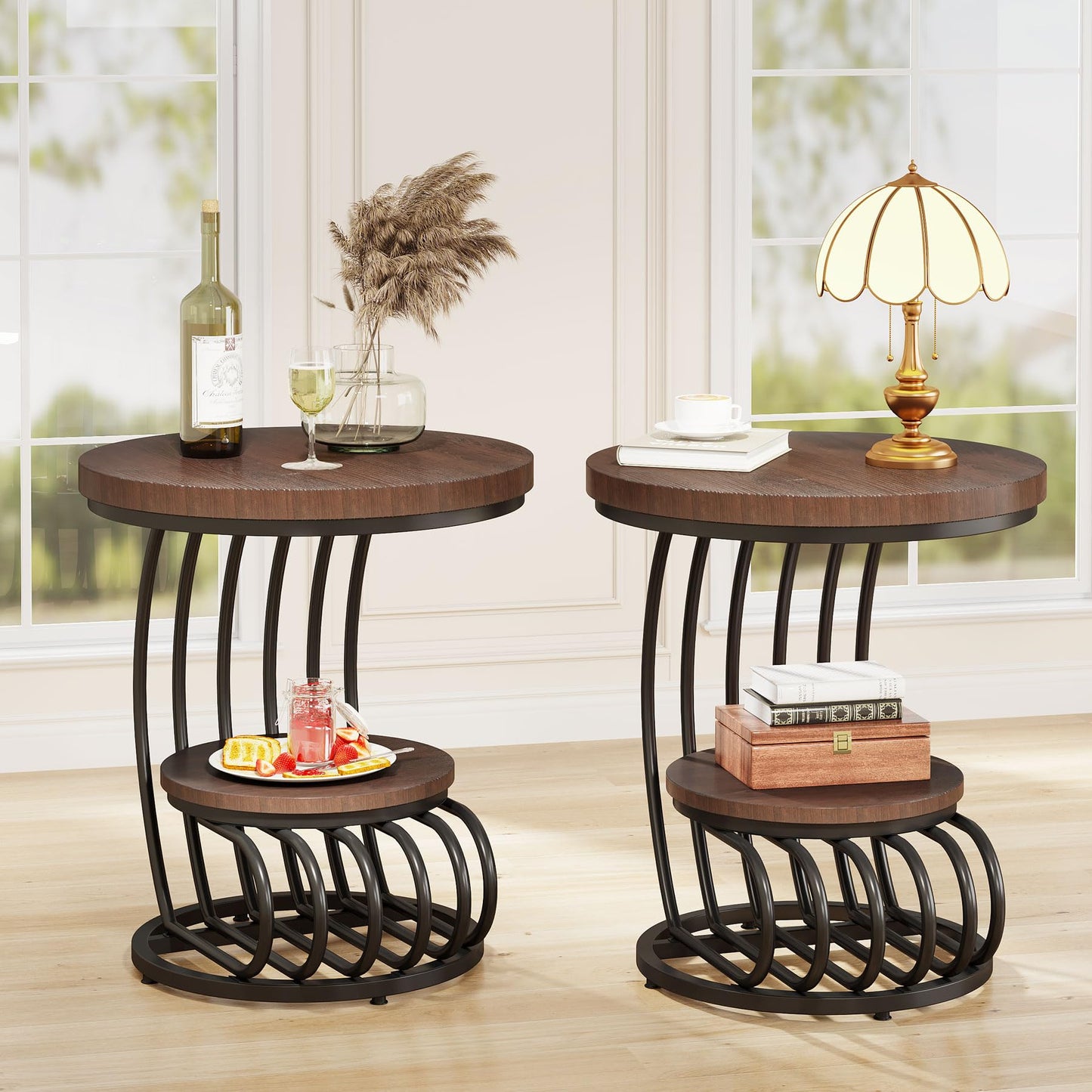 Tribesigns Round End Side Table: Side Table with 2 Tiers Storage Shelves, Vintage End Table for Living Room, Small Bedside Table Accent Table with Arc-Shaped Frame, Light Brown
