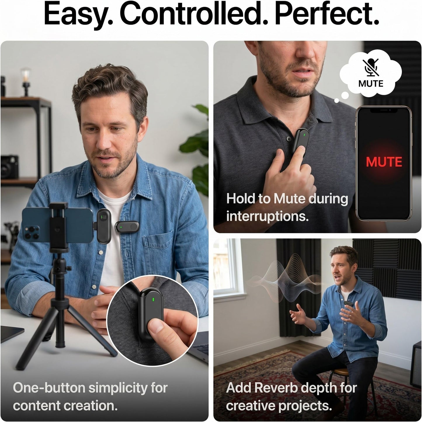 3 in 1 Wireless Lavalier Microphones for iPhone/Android/Camera, 2 Pack Mini Microphone LED Display Lapel Omnidirectional Mic with Mute/Reverb/Noise Reduction for TikTok/Podcast/Vlog Recording