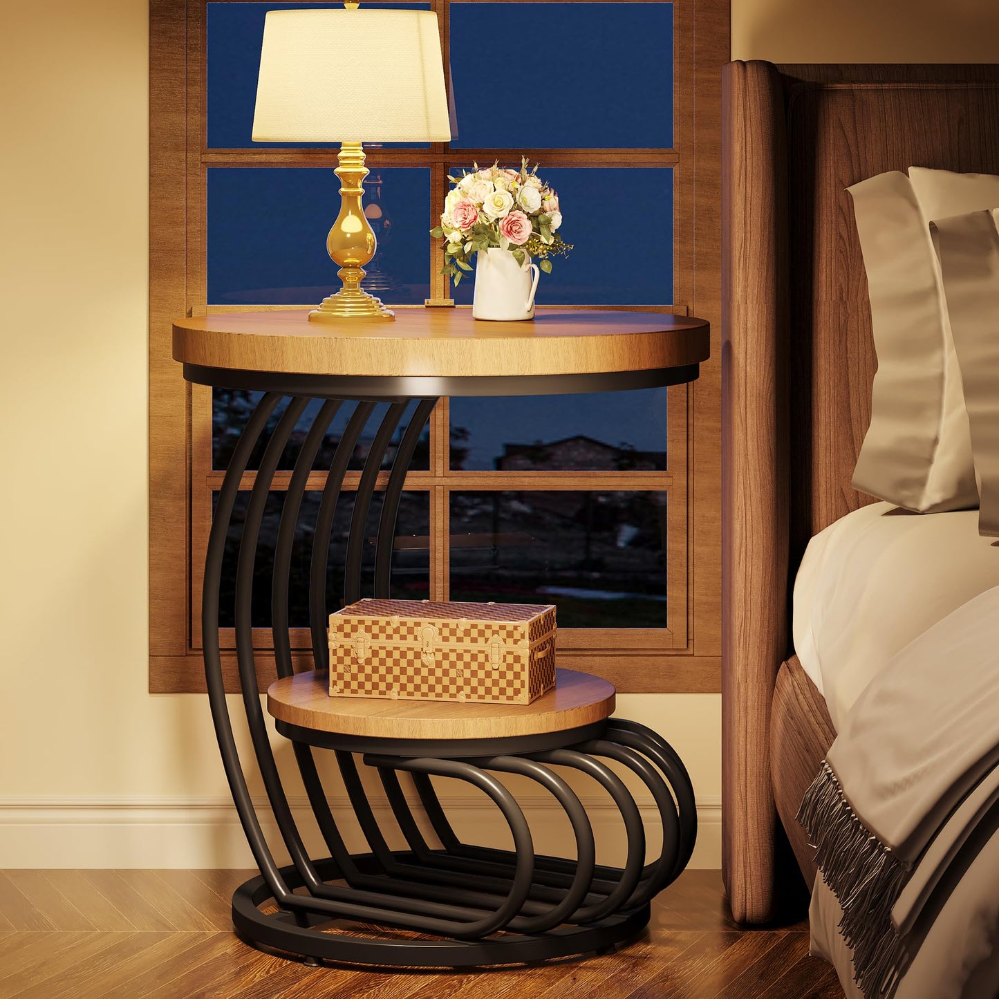 Tribesigns Round End Side Table: Side Table with 2 Tiers Storage Shelves, Vintage End Table for Living Room, Small Bedside Table Accent Table with Arc-Shaped Frame, Light Brown